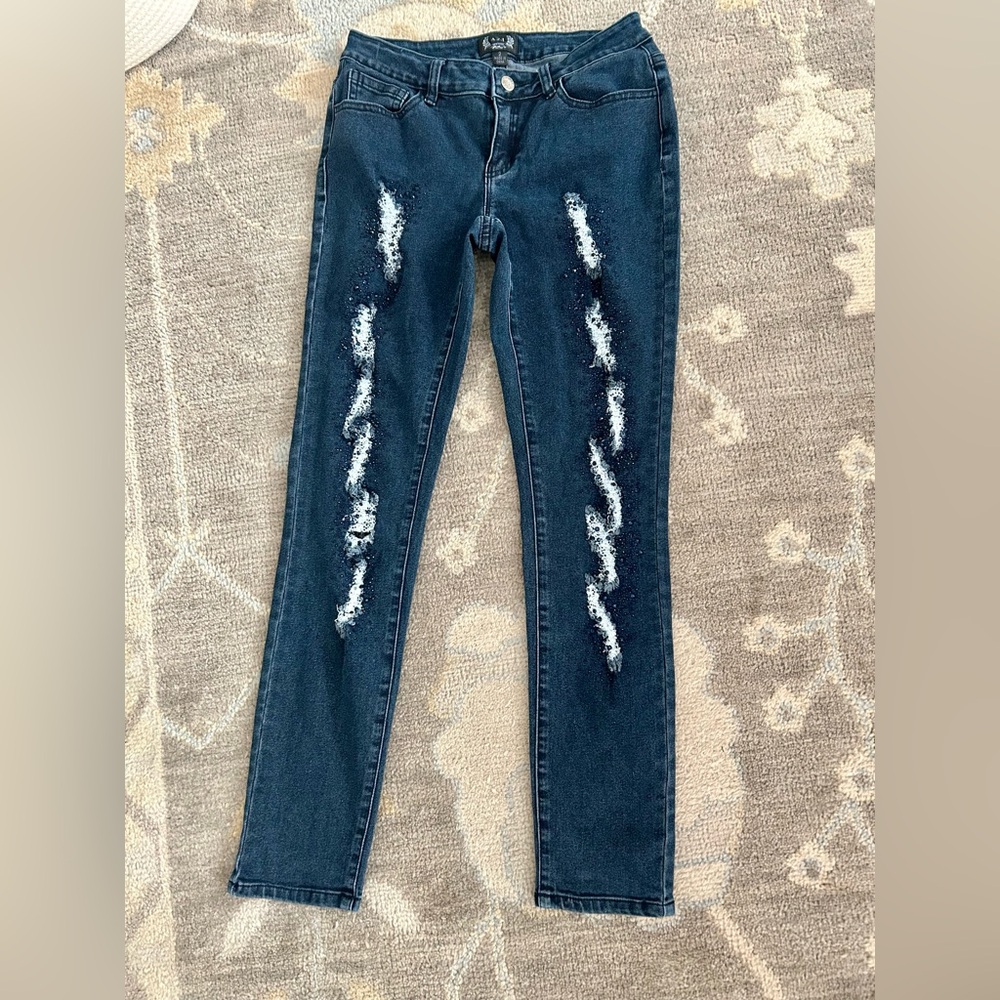 AZI Blue straight Jeans with Distressed Details and sparkles. Size 2.